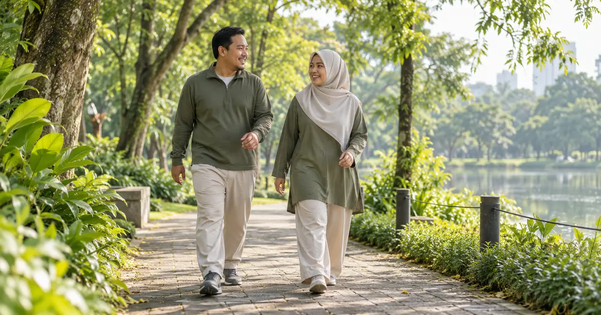 Ilustrasi pria dan wanita berhijab dengan pakaian tertutup berjalan di jalur taman yang rindang