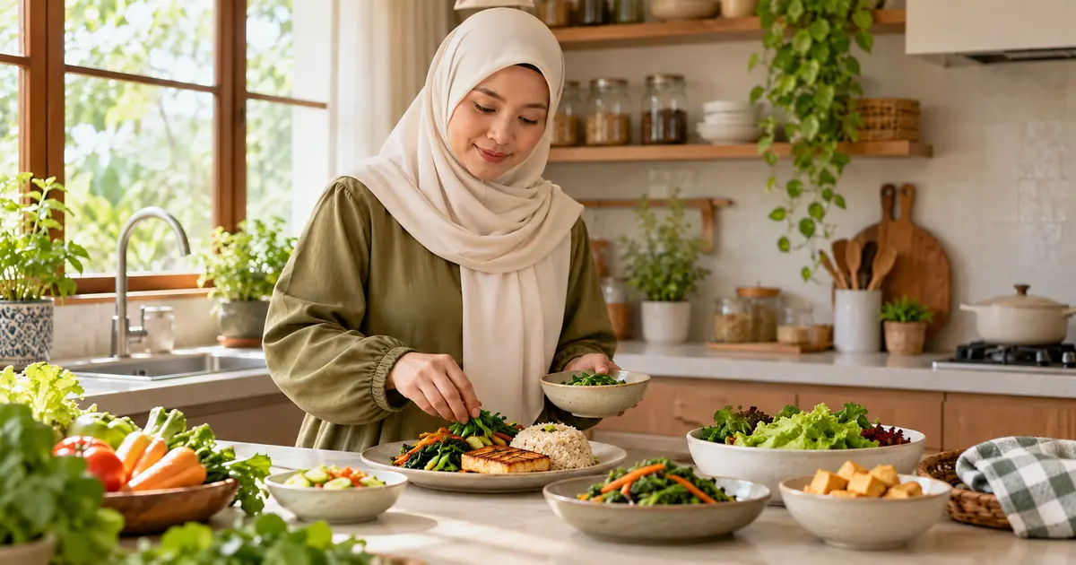 Ilustrasi wanita berhijab dengan pakaian tertutup menyiapkan nasi, ikan, dan sayuran di dapur rumah