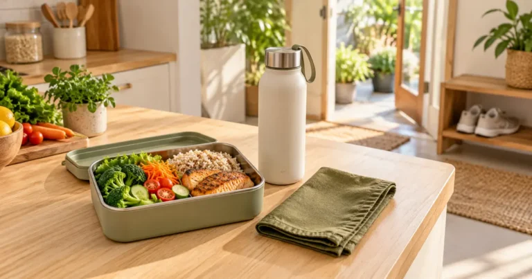 Ilustrasi bekal berisi nasi, ikan dan sayuran bersama botol minum, dengan sepatu jalan di rak terpisah