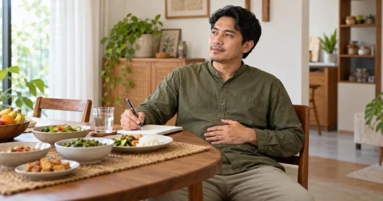 Ilustrasi pria berpakaian tertutup mencatat kebiasaan makan sambil memegang perut di meja makan
